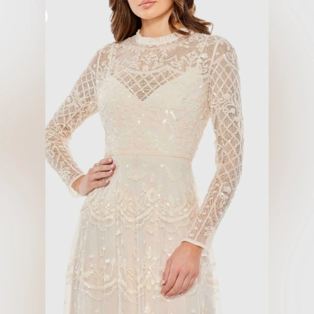 NWT | Mac Duggal Nude Sequined High Neck Long Sleeve Midi Dress Size 16 - Picture 2 of 13
